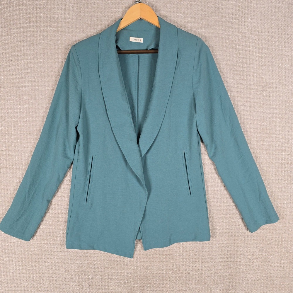 Kori Teal Blue Shawl Collar Open Front Blazer Jacket Q5032 Small